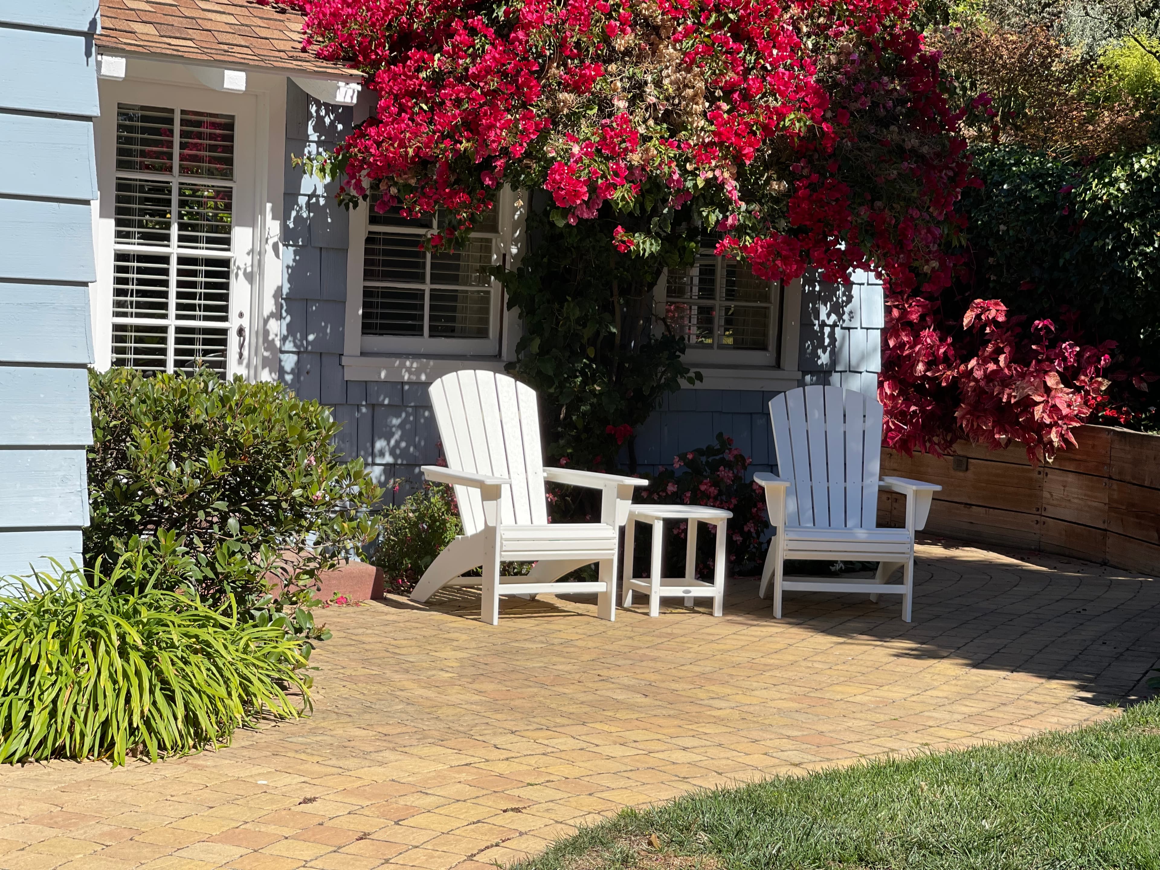 A paver patio featuring two white Adirondack chairs and a small side table tucked under a vibrant, blooming red bougainvillea tree next to a light blue cottage.