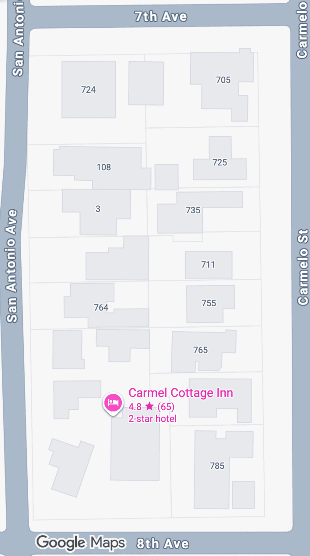 Map showing the location of Carmel Cottage Inn and surrounding streets in a residential area.