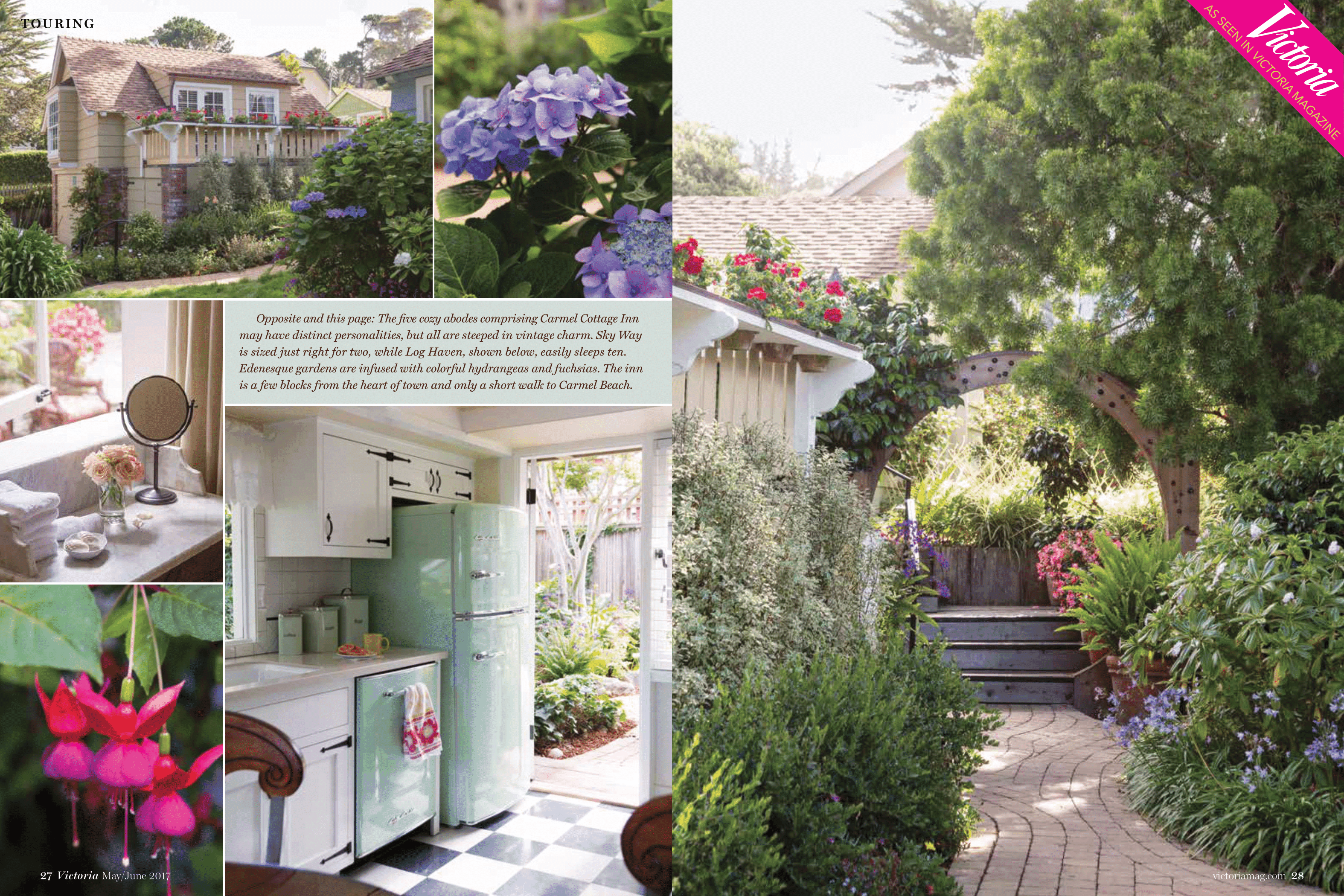 A picturesque garden with blooming flowers, a charming cottage, and a vintage kitchen scene.