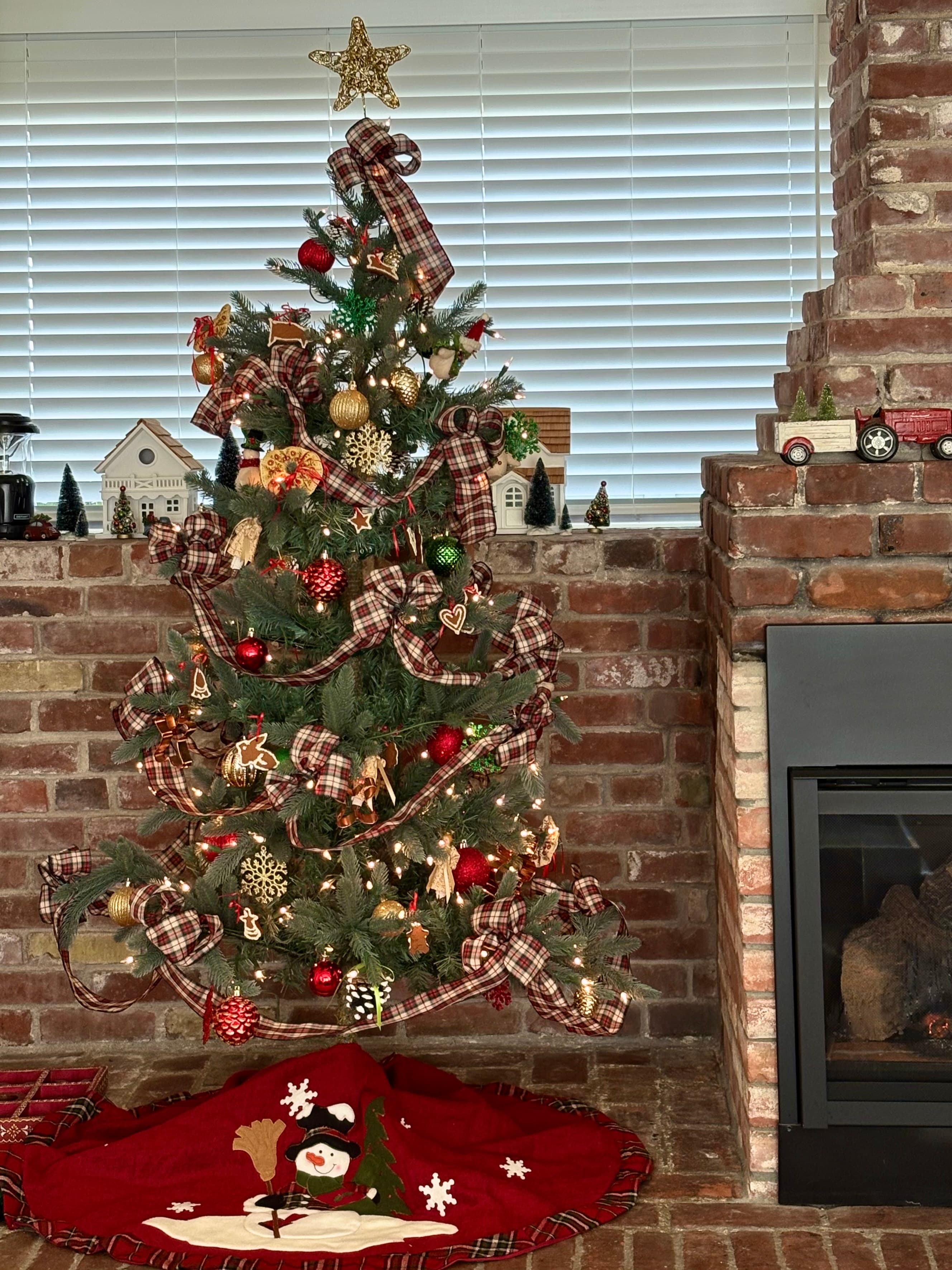 A beautifully decorated Christmas tree with ornaments and a star on top stands next to a black fireplace insert.