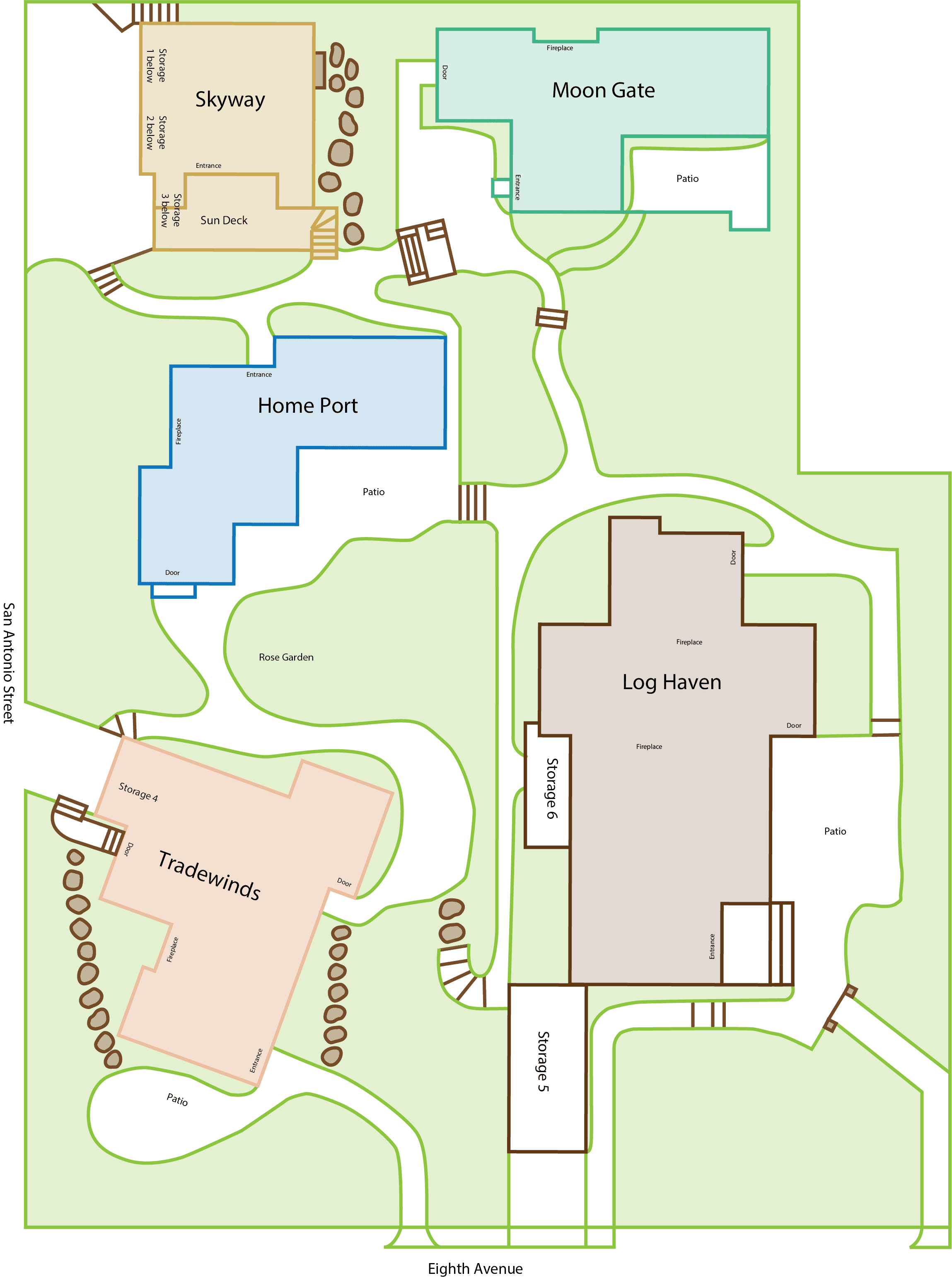 Map of a facility layout, featuring buildings labeled Skyway, Moon Gate, Home Port, Log Haven, and Tradewinds, surrounded by pathways and green spaces.